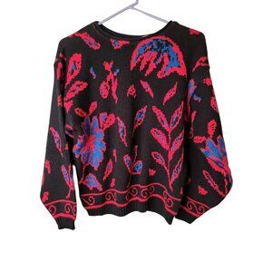 Vintage Bristol Court Medium Women's Sweater Red Black Leaf Print Top
